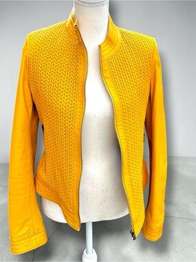 Vibrant Mustard Yellow Genuine Lambskin Quilted Moto Jacket - Size S